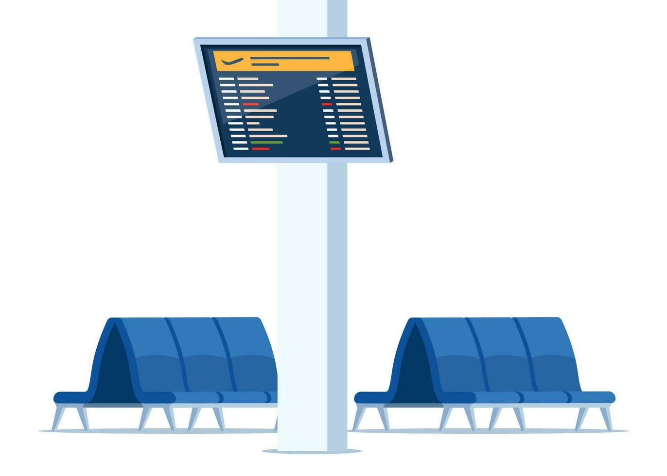 Empty rows of seats, element of airport lounge interior. Terminal waiting room. Departure lounge with chairs and information panels. Vector illustration.