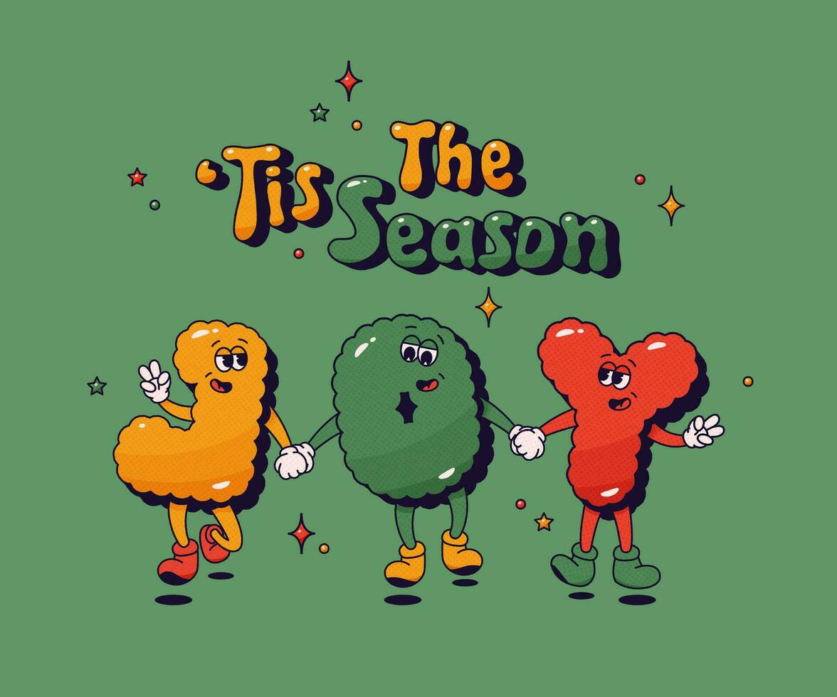 Christmas groovy mascot characters. Joy happy noel letters on green background. vector