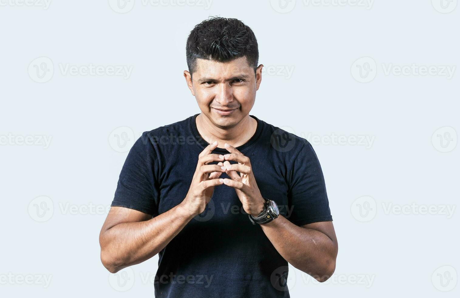 Person rubbing his hands planning something, Cunning man rubbing his hands on isolated background, concept of cunning man planning something photo