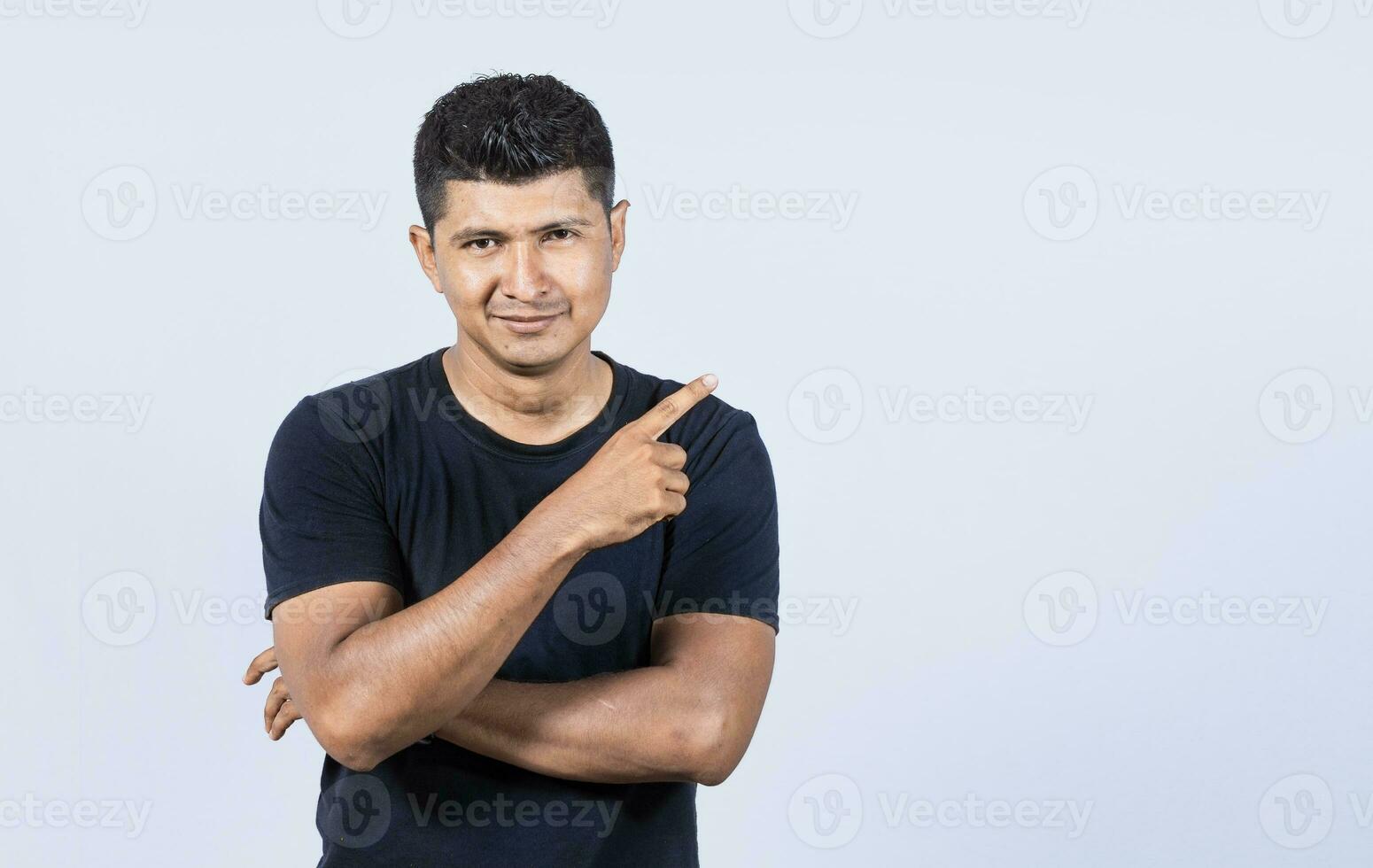 Smiling man pointing to a banner to the side, shocked guy pointing his finger to the sides, smiling people pointing to an advertisement photo