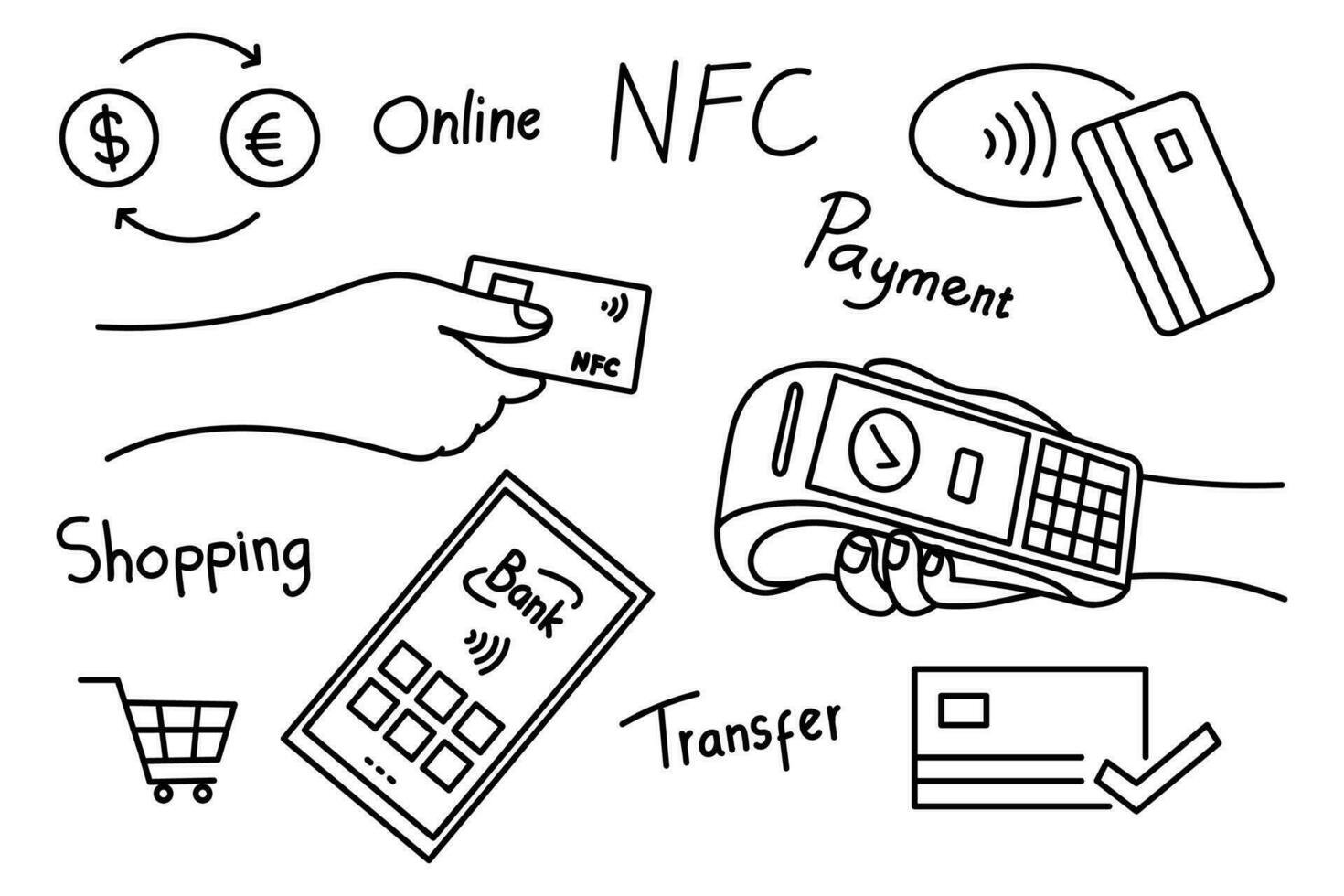Contactless payment doodle design credit card smartphone shopping transaction vector