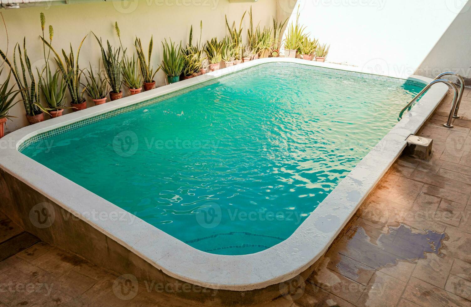 Beautiful home swimming pool with crystal clear waters. Crystal clear home swimming pool on a sunny day, Concept of home swimming pool designs photo