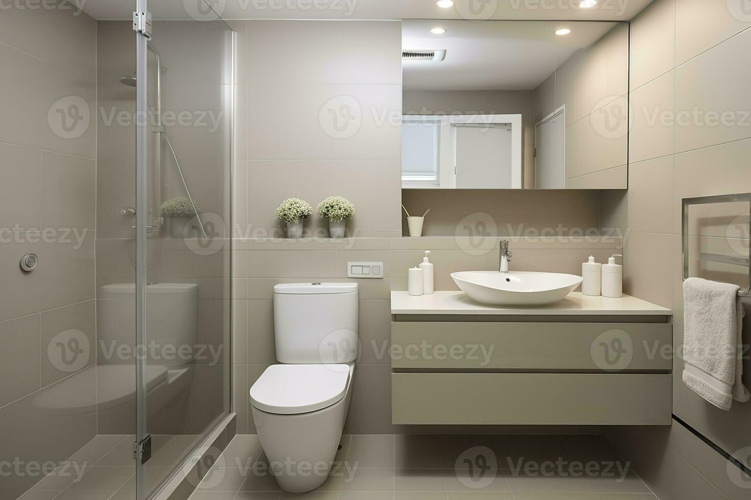 A stunning and spacious bathroom with a freestanding bathtub, walk-in shower, and double sinks. The freestanding bathtub is positioned in the center of the room photo