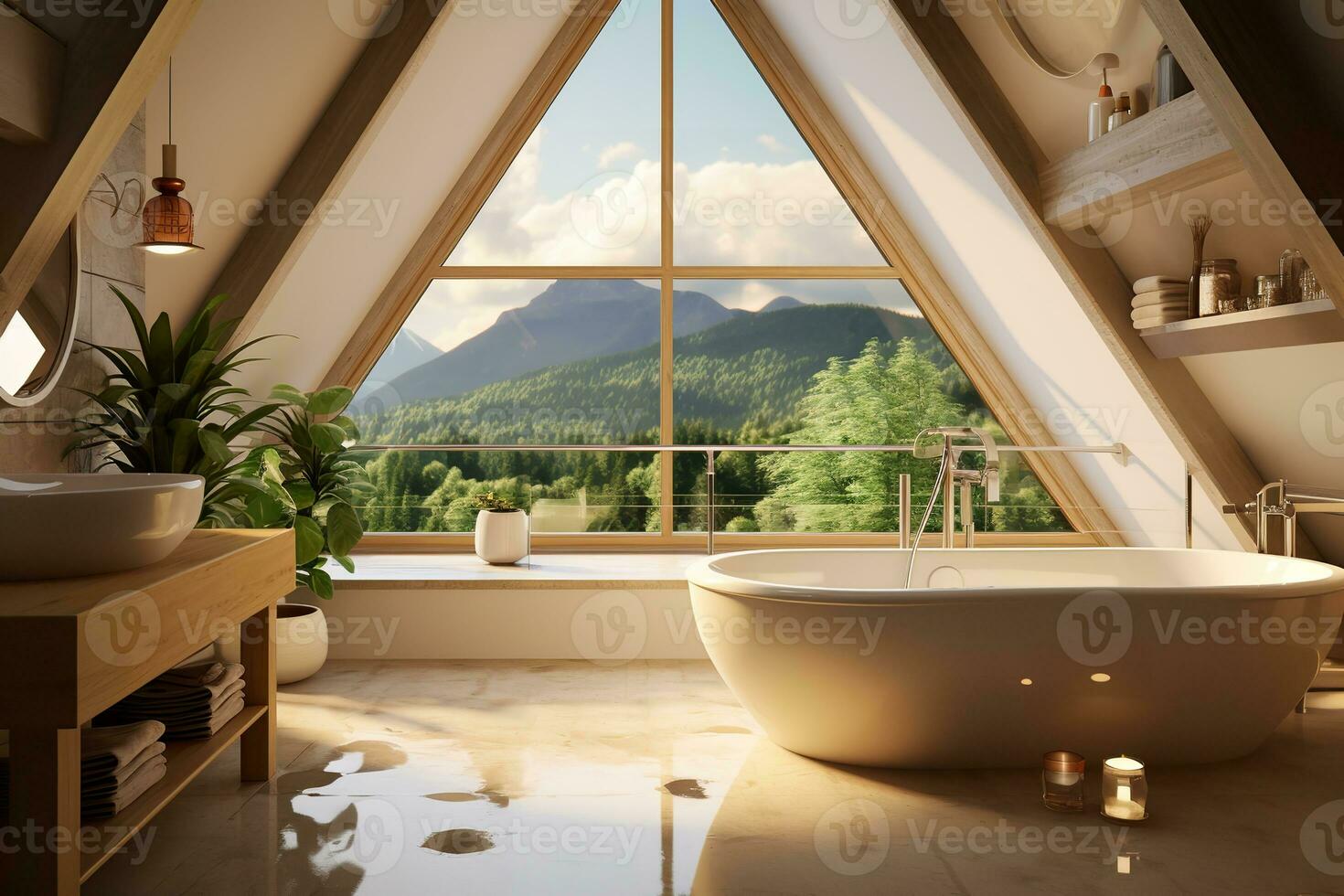 Luxurious and inviting bathroom with a freestanding white bathtub, double black sinks on a black marble countertop, and a walk-in shower with a glass door and black rain showerhead. photo
