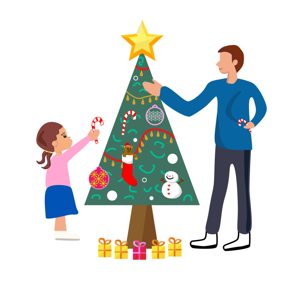 Father and daughter arranging decorations on Christmas tree.  illustration png