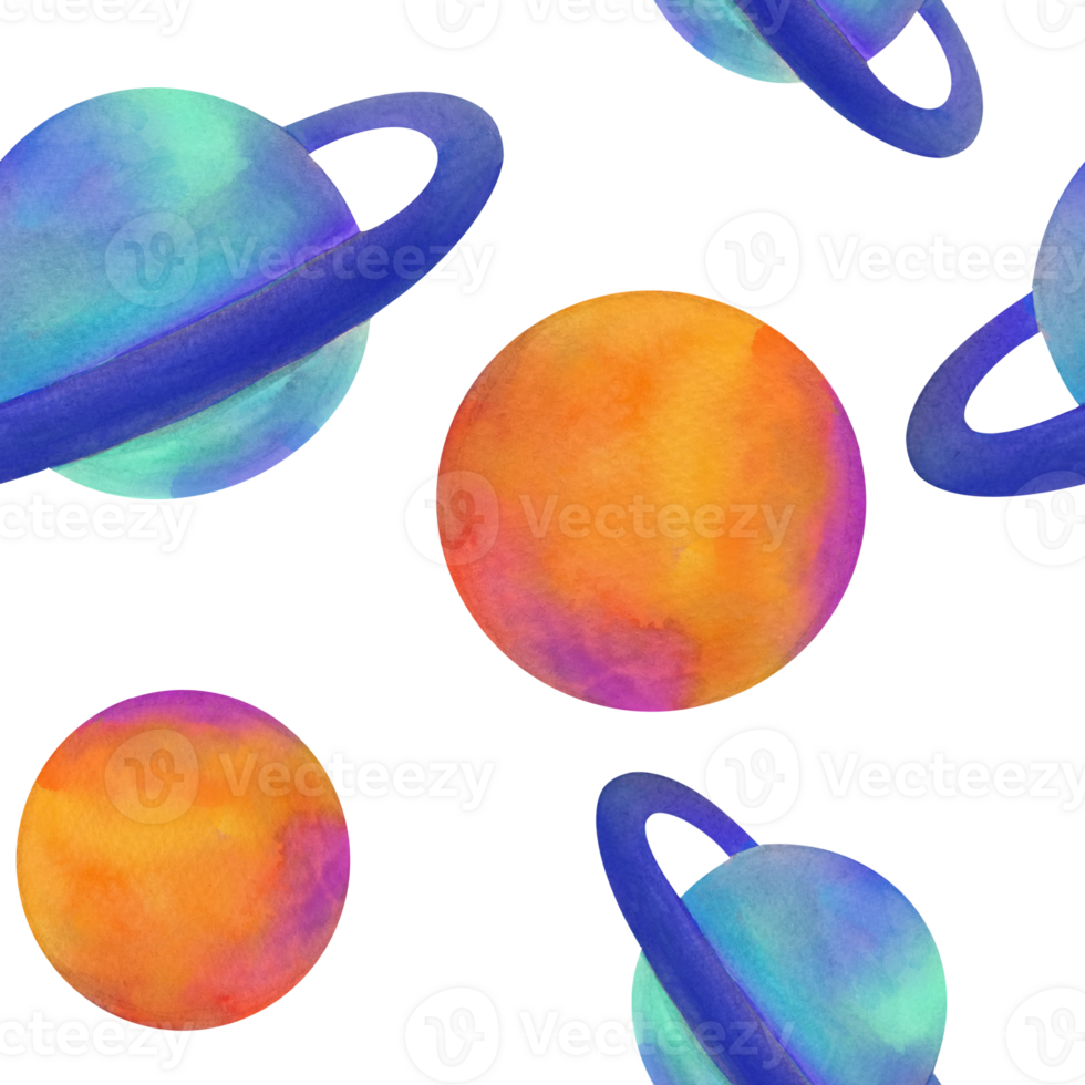 Solar system seamless pattern. watercolor planets art background. universe space texture. Galaxy glowing orange ball and bright blue globe ring around wallpaper for packaging paper, fabrics png