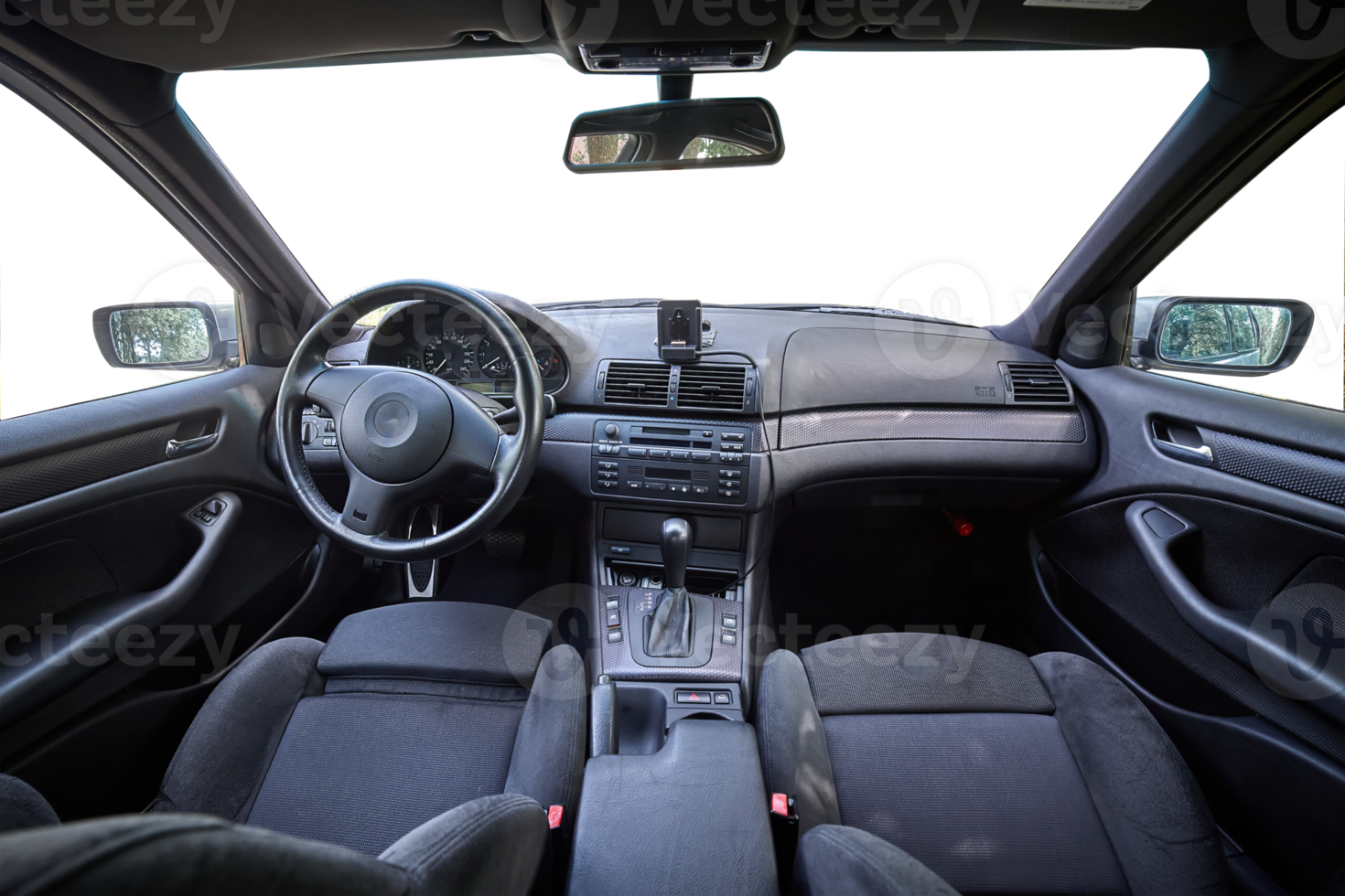 Inside a modern car photo interior with transparent windows view, city
