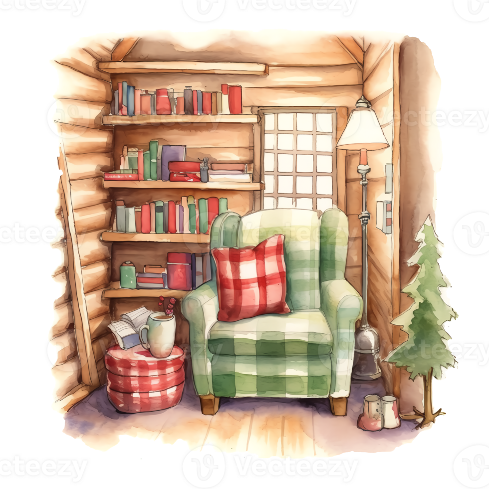 Watercolor Christmas Cozy Reading Corner Sublimation. ai generated png