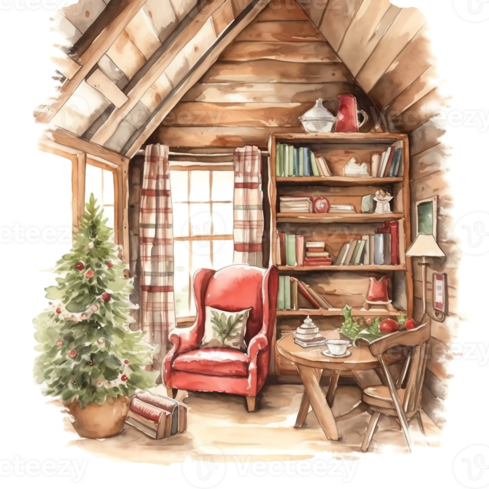 Watercolor Christmas Cozy Reading Corner Sublimation. ai generated png