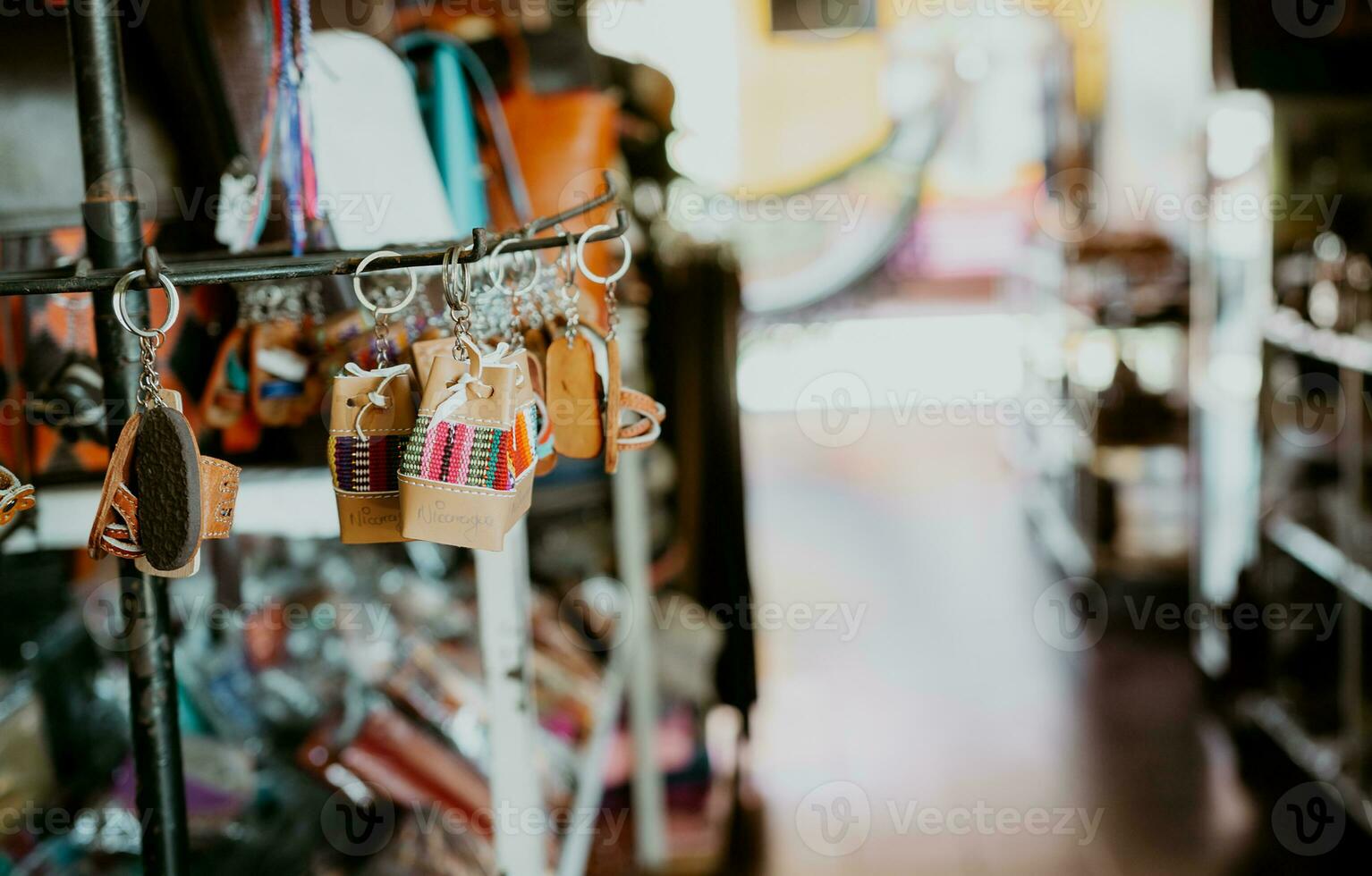 Close up of handmade keychains in the Masaya handicraft market. Keychains and souvenirs in the Masaya handicraft market photo