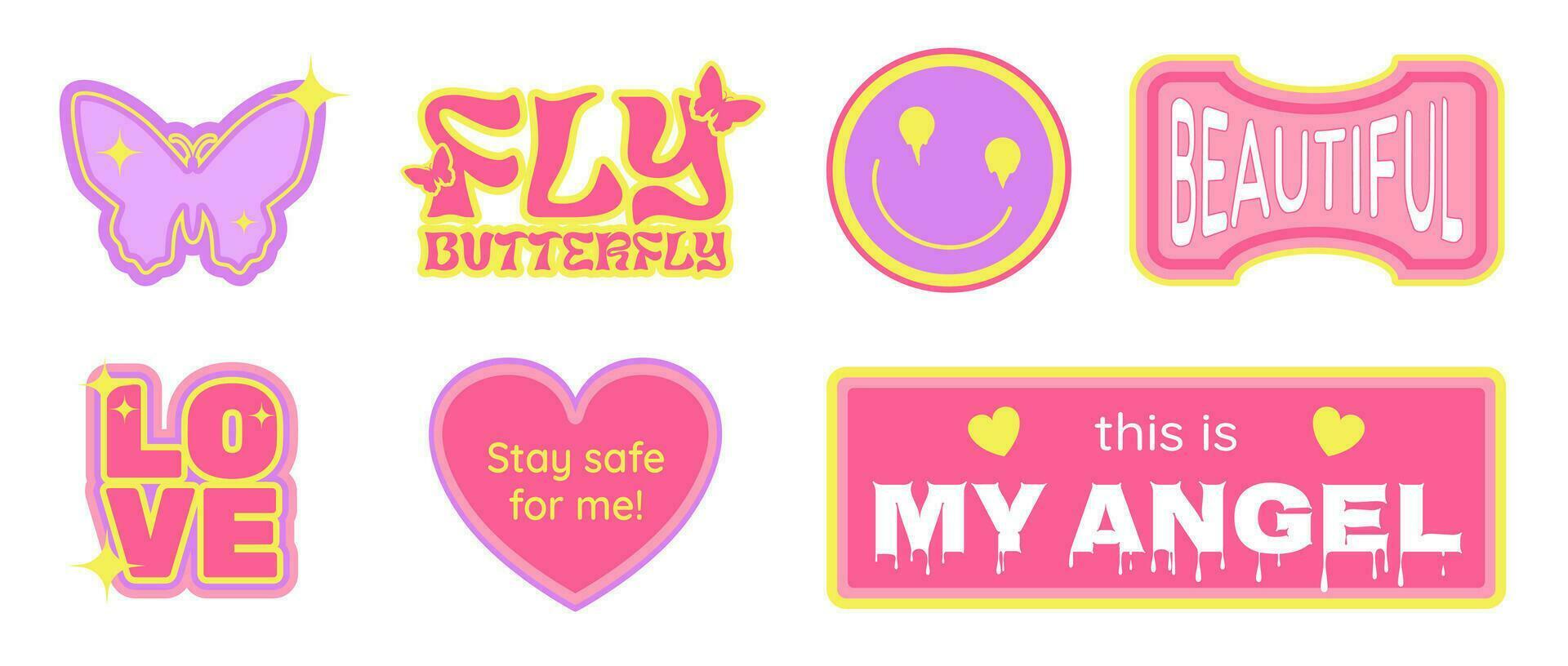 Valentine's Day sticker pack in Y2K retro aesthetic, set of cute drawings, hearts, butterfly, face and abstract forms with short cheerful phrases. Vector illustration.