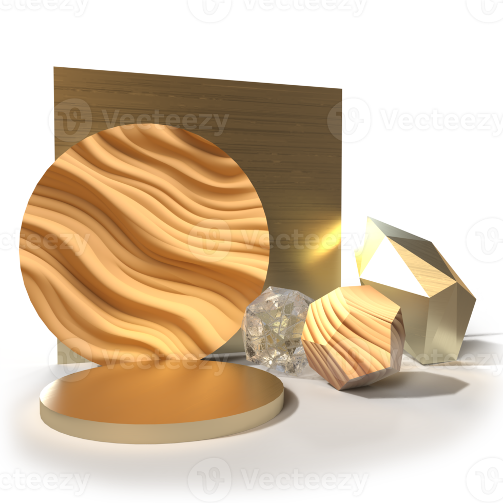 Round gold podium platform with textured set of objects for product presentation isolated on transparent background png