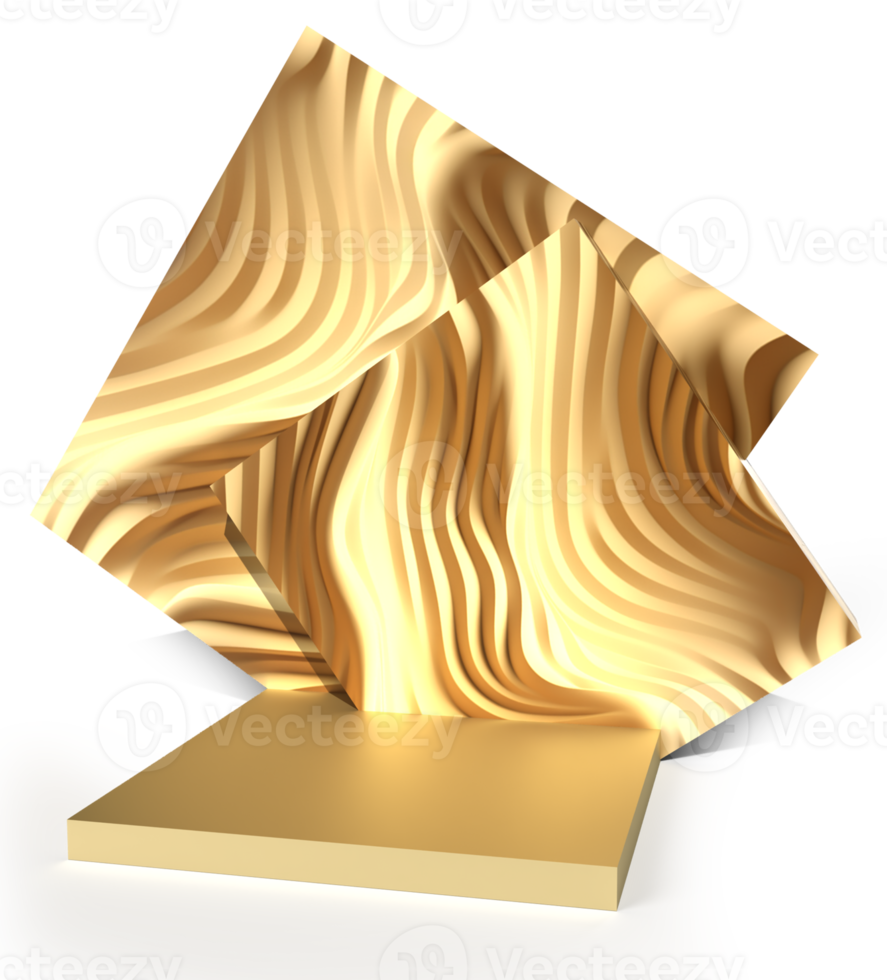 Gold square podium platform with textured figures for product presentation isolated on transparent background render png