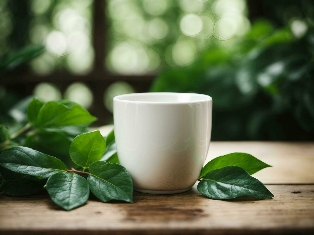 White Mug with Green Leaves Ai Generative. photo
