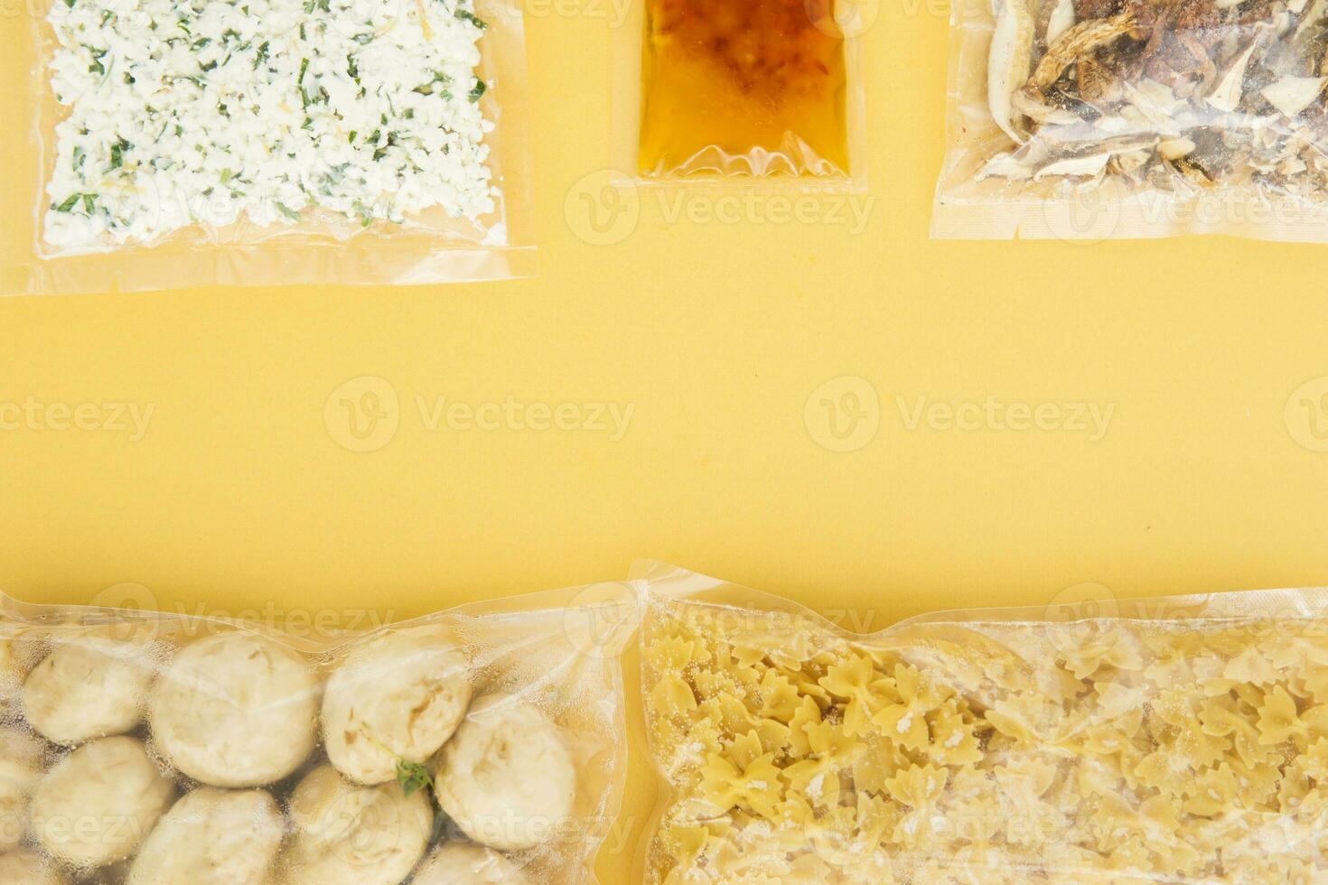 Set of products for cooking Farfalle with mushrooms and truffle. Set for delivering food for dinner. Cooking at home, home cooking. photo