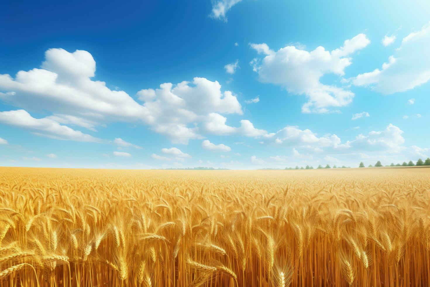 Wheat field and blue sky with clouds. Rich harvest Concept, Golden wheat field landscape view on a sunny day, AI Generated photo