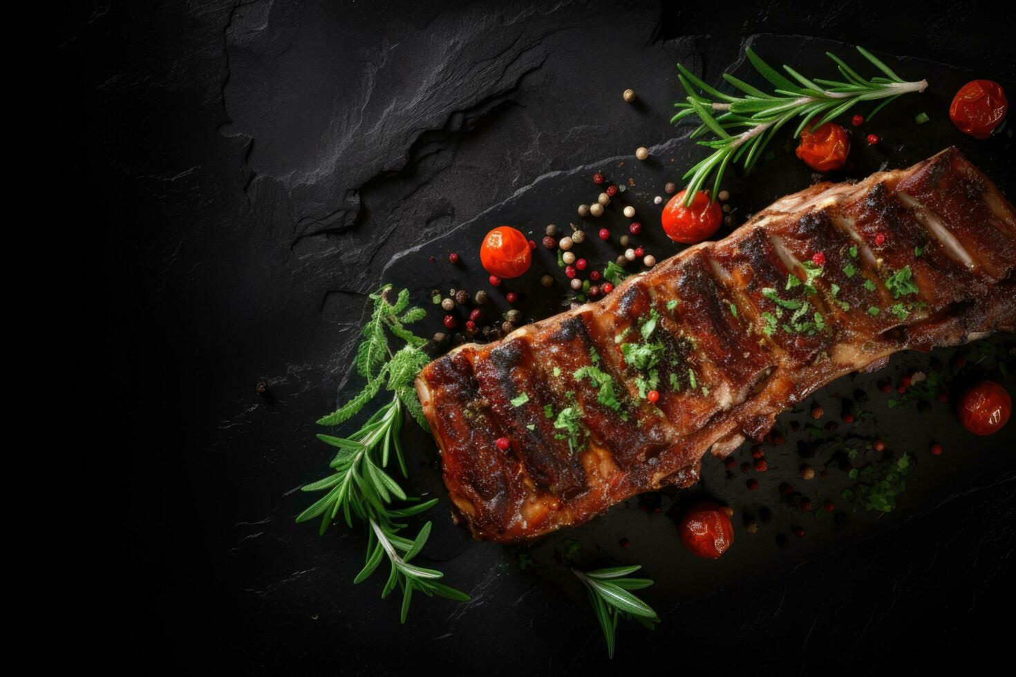 grilled pork ribs with rosemary and peppercorns on black background, grilled ribs with herbs and spices on Black background, copy space, AI Generated photo