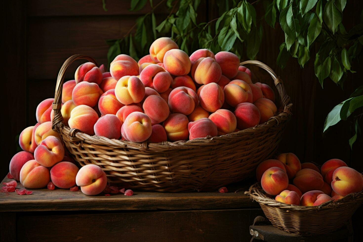Fresh ripe peaches in a wicker basket on a wooden background, Fresh picked peaches on display, AI Generated photo