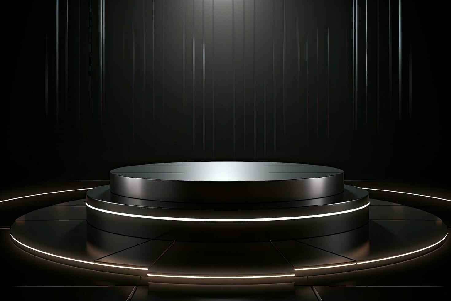 Black round podium on a dark background. 3d rendering mock up, Futuristic dark podium with light and reflection background, AI Generated photo
