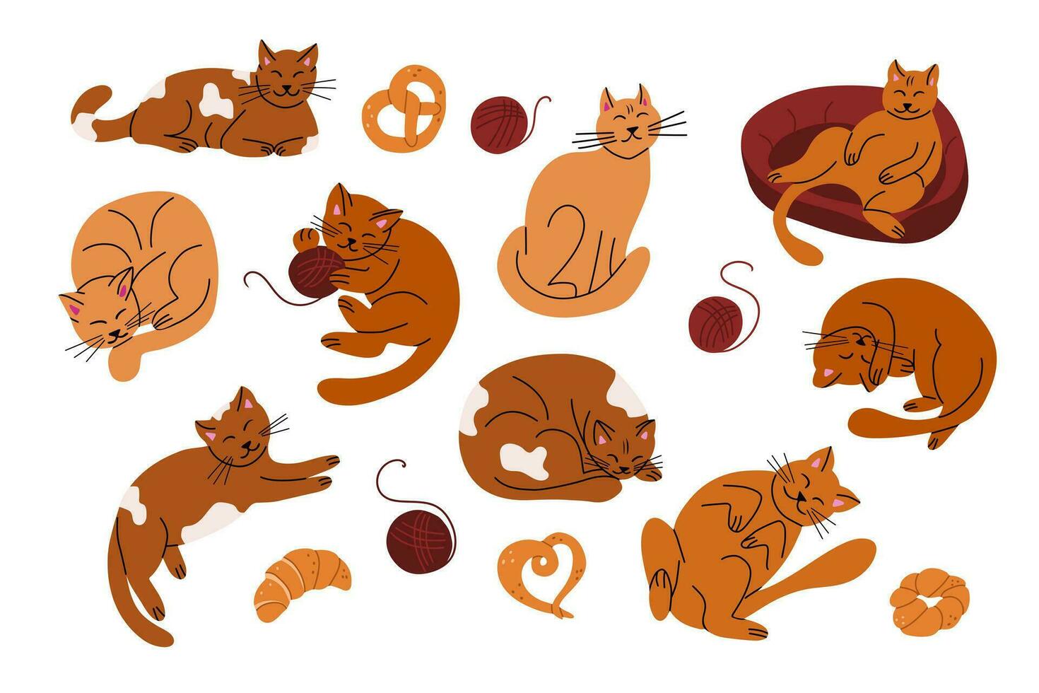 Puffy lying cats and pastries flat collection. Vector hand drawn elements in flat minimalistic style. Trendy clipart for stickers, pattern, decoration.