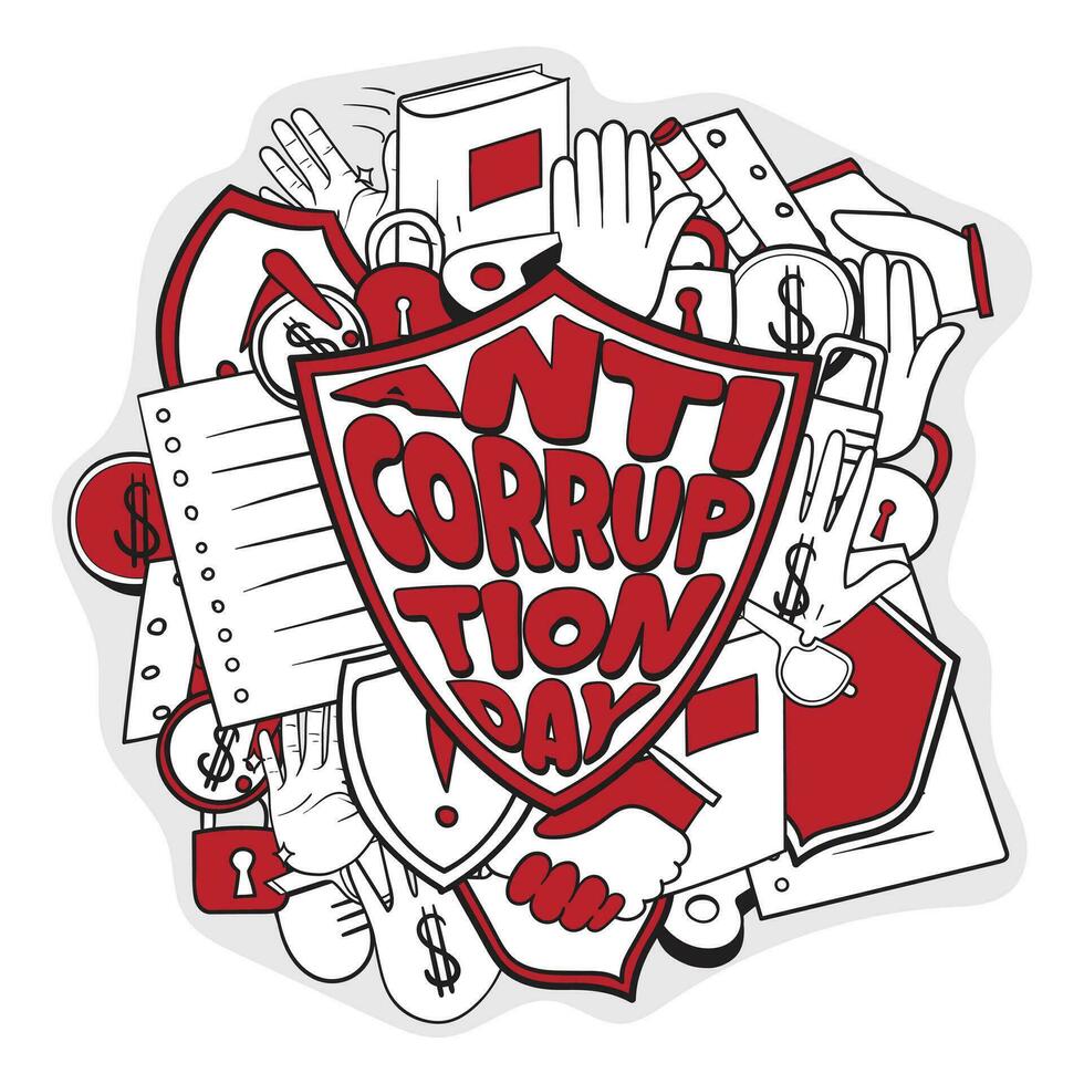 Doodle art design of anti corruption day with shield and corruption icons design vector