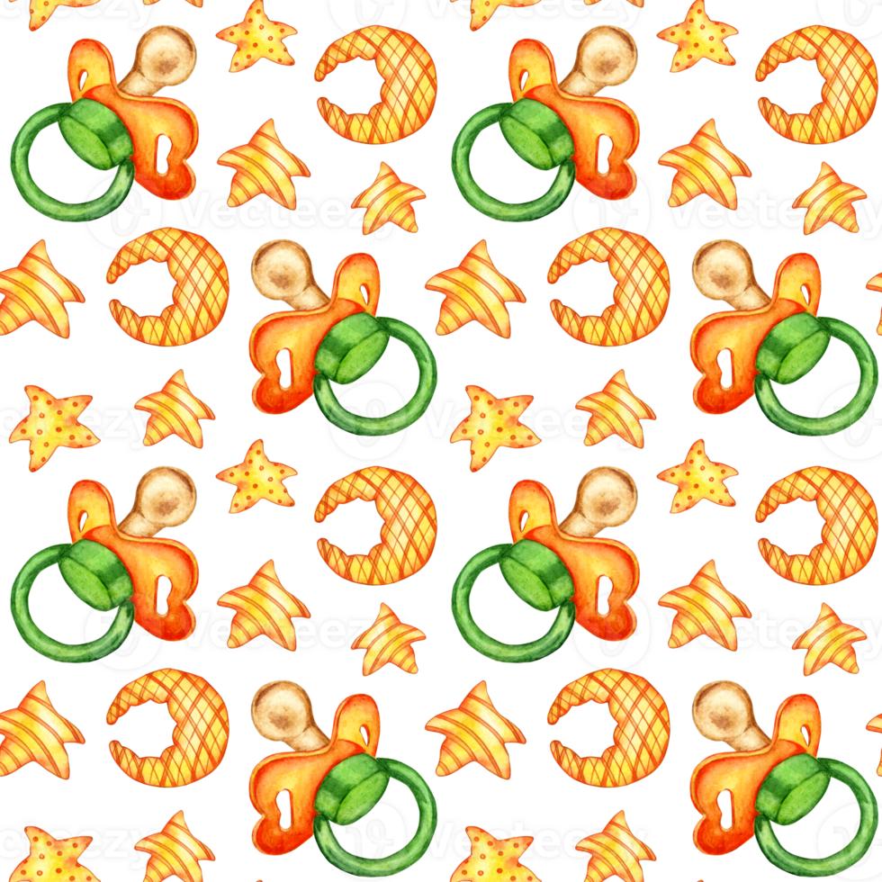 Watercolor illustration of a child's drawing pattern of orange stars, moon and pacifier. Design concept for poster, card, banner, clothing, wallpaper, wrapping paper, packaging, png