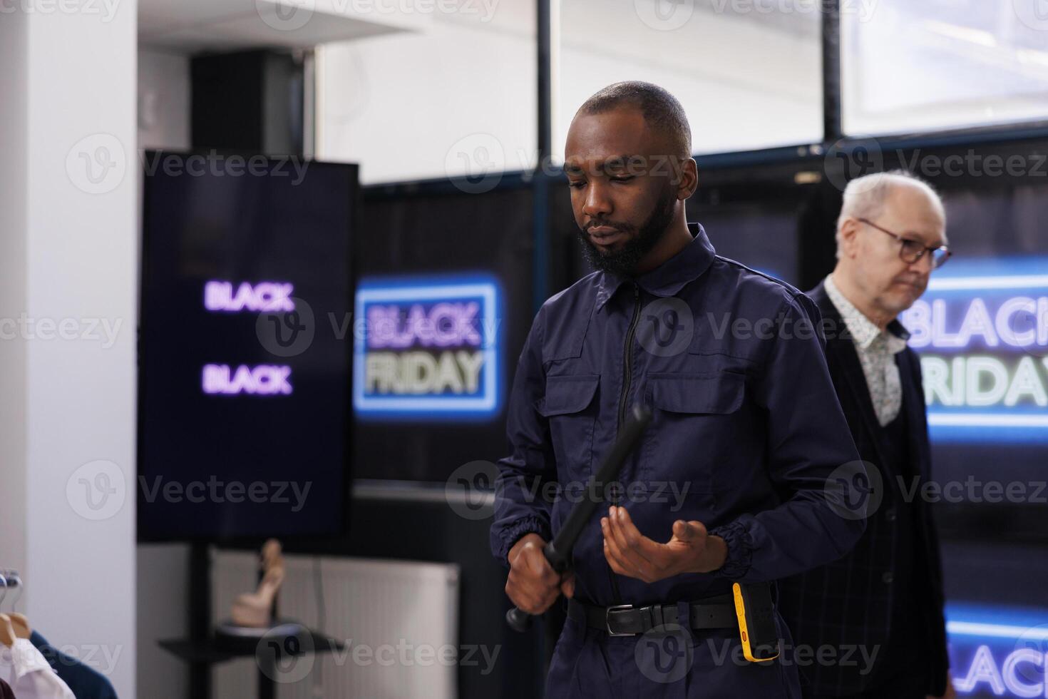 Serious African American man security officer in uniform patrolling shopping mall during Black Friday sales, ensuring crowd control, standing at clothing store entrance preventing shoplifting photo