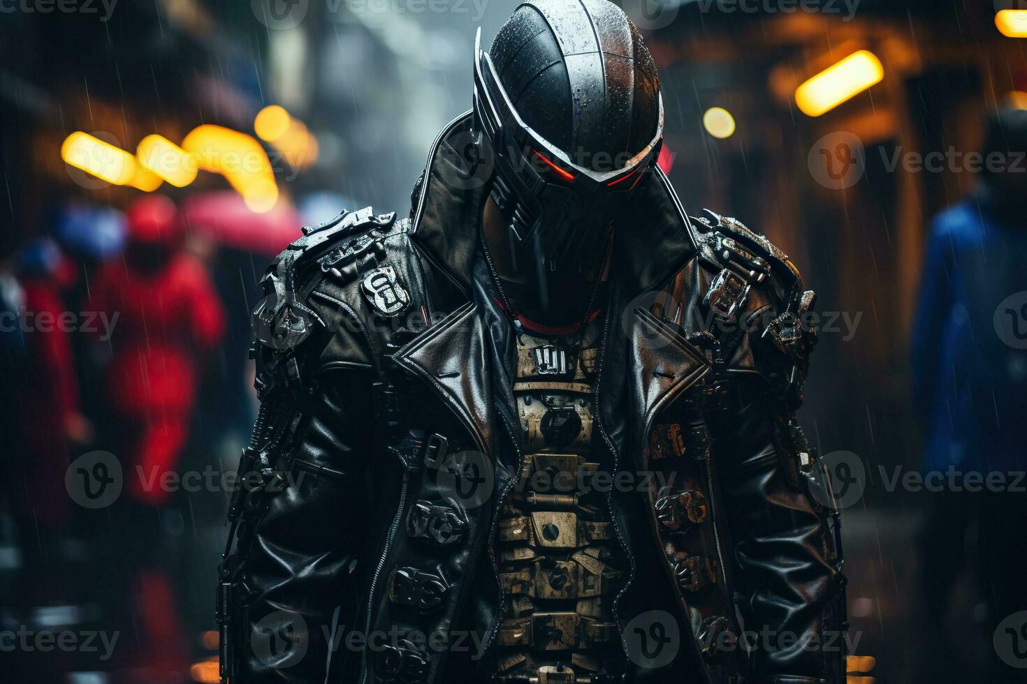 Cyberpunk man. A character in a leather jacket with a helmet on his head in cyberpunk style against the backdrop of a blurred city. enerated by artificial intelligence photo