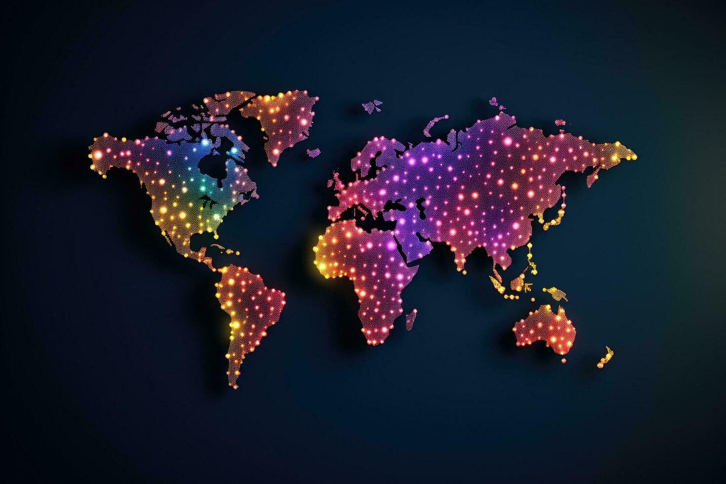 Abstract world map with glowing dots on dark background. Vector illustration, pixel world map with spot lights, AI Generated photo