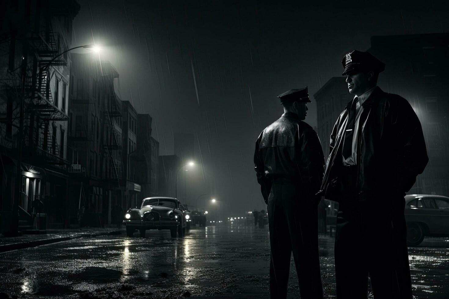 Two police officers standing on the street in a foggy night, policemen standing on the street corner overlooking a crime scene, cops in the big city, noir novel or film style, AI Generated photo