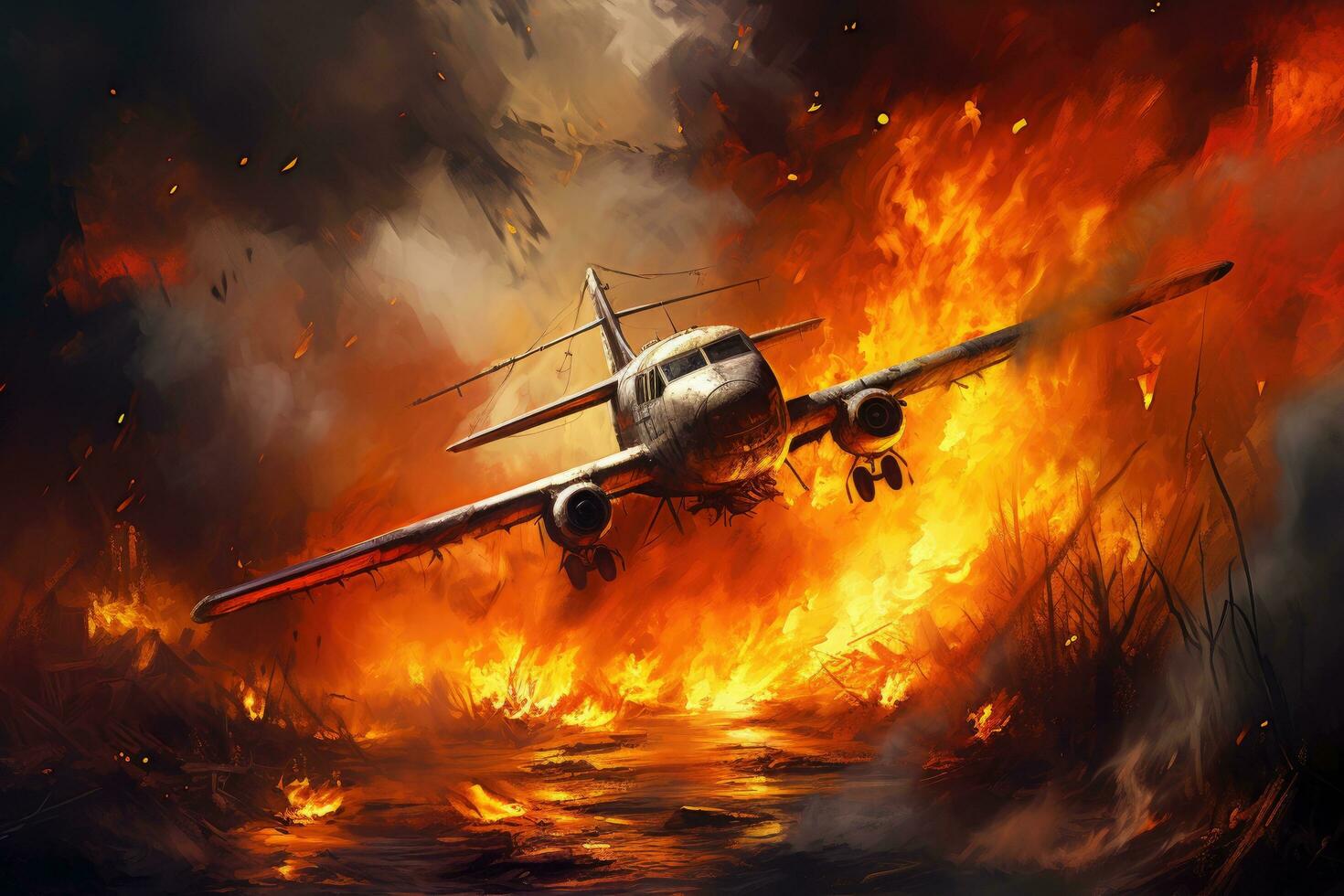 Burning airplane in the fire. 3d illustration. Clip art, The plane crashed to the ground, AI Generated photo