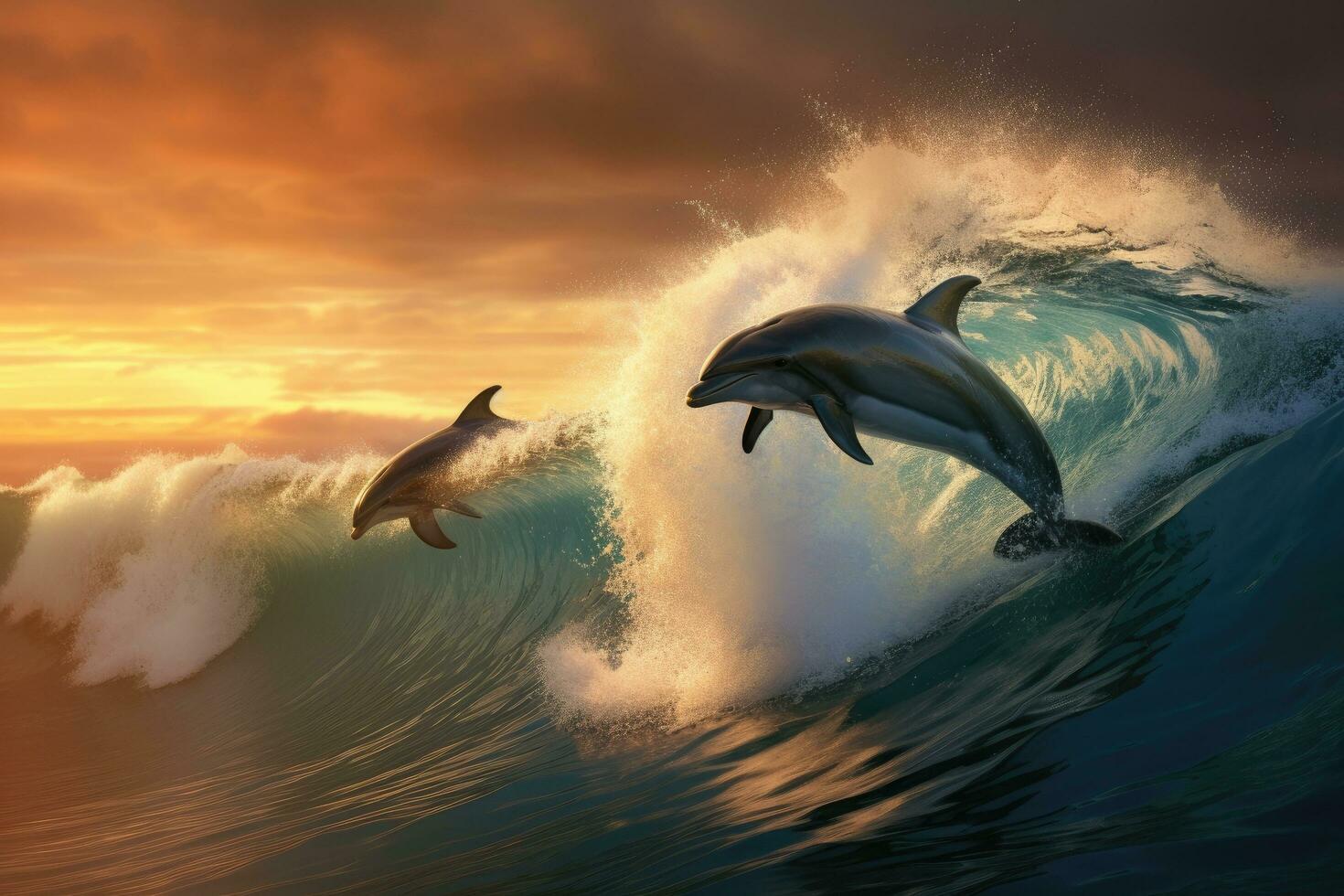 Dolphins jumping out of the ocean at sunset. 3d render, Playful dolphins jumping over breaking waves, AI Generated photo