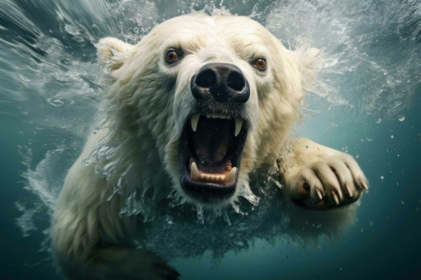 Polar bear swimming in water with his mouth open. Toned, Polar bear underwater attack, AI Generated photo