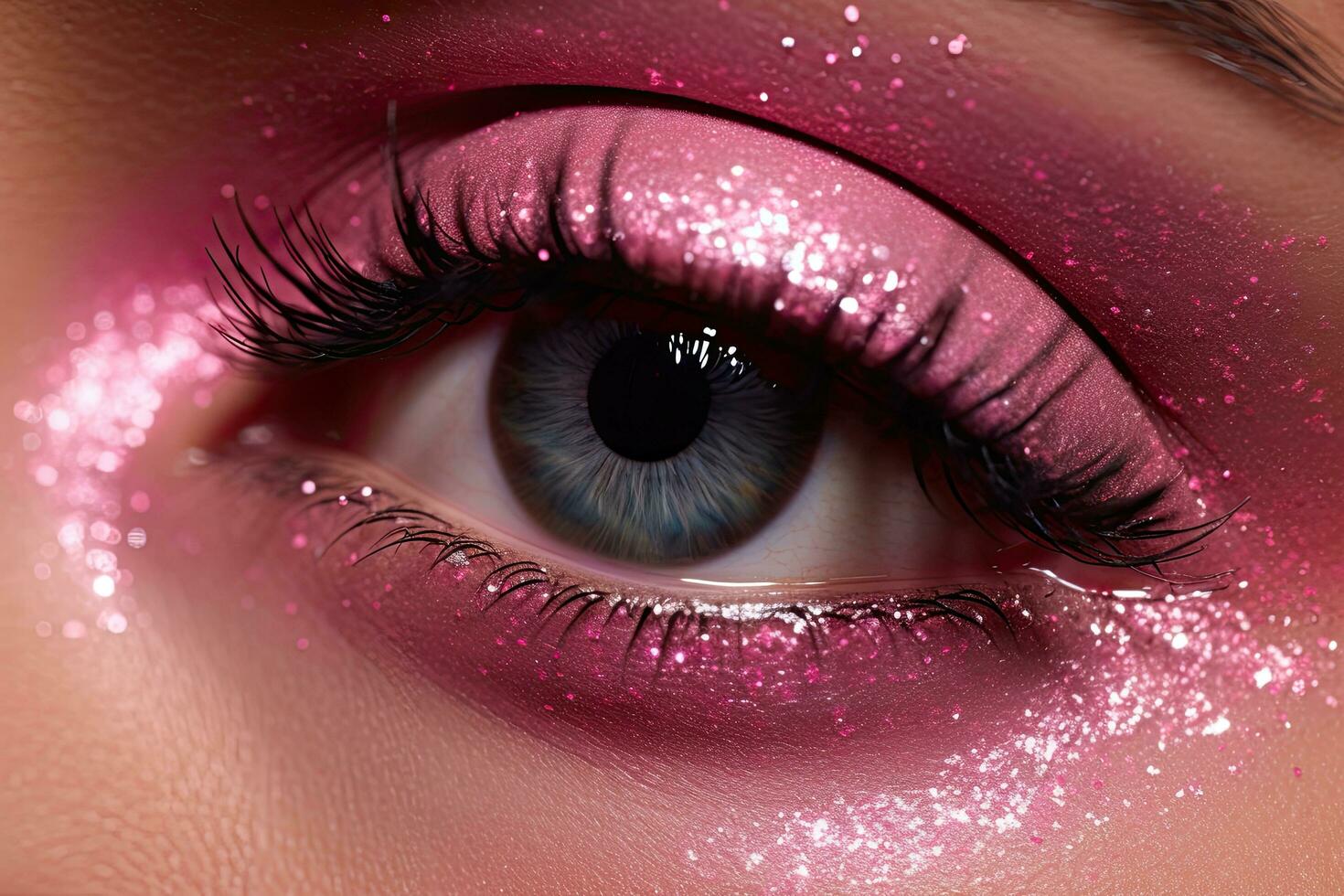Close up of beautiful woman's eye with pink glitter makeup, Pink Glitter With Sparkle, AI Generated photo