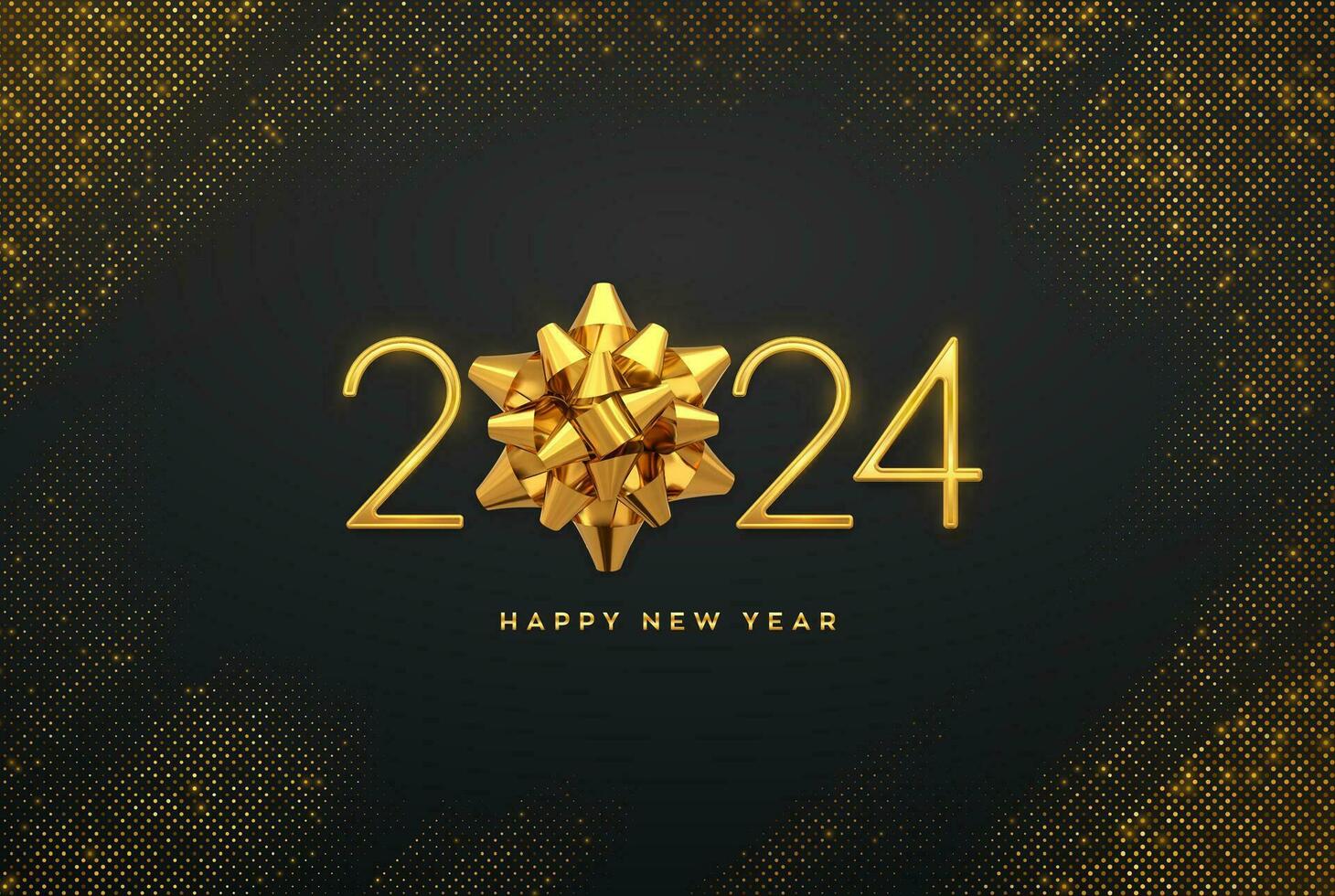 Happy New Year 2024. Golden metallic luxury numbers 2024 with golden gift bow on shimmering background. Greeting card. Bursting backdrop with glitters. Festive poster or banner. Vector illustration.