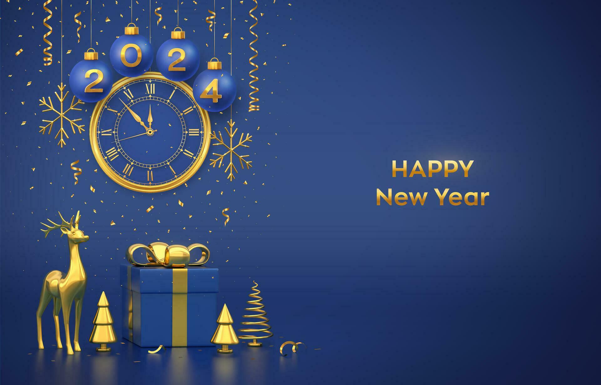 Happy New 2024 Year. Merry christmas card. Blue Christmas bauble balls