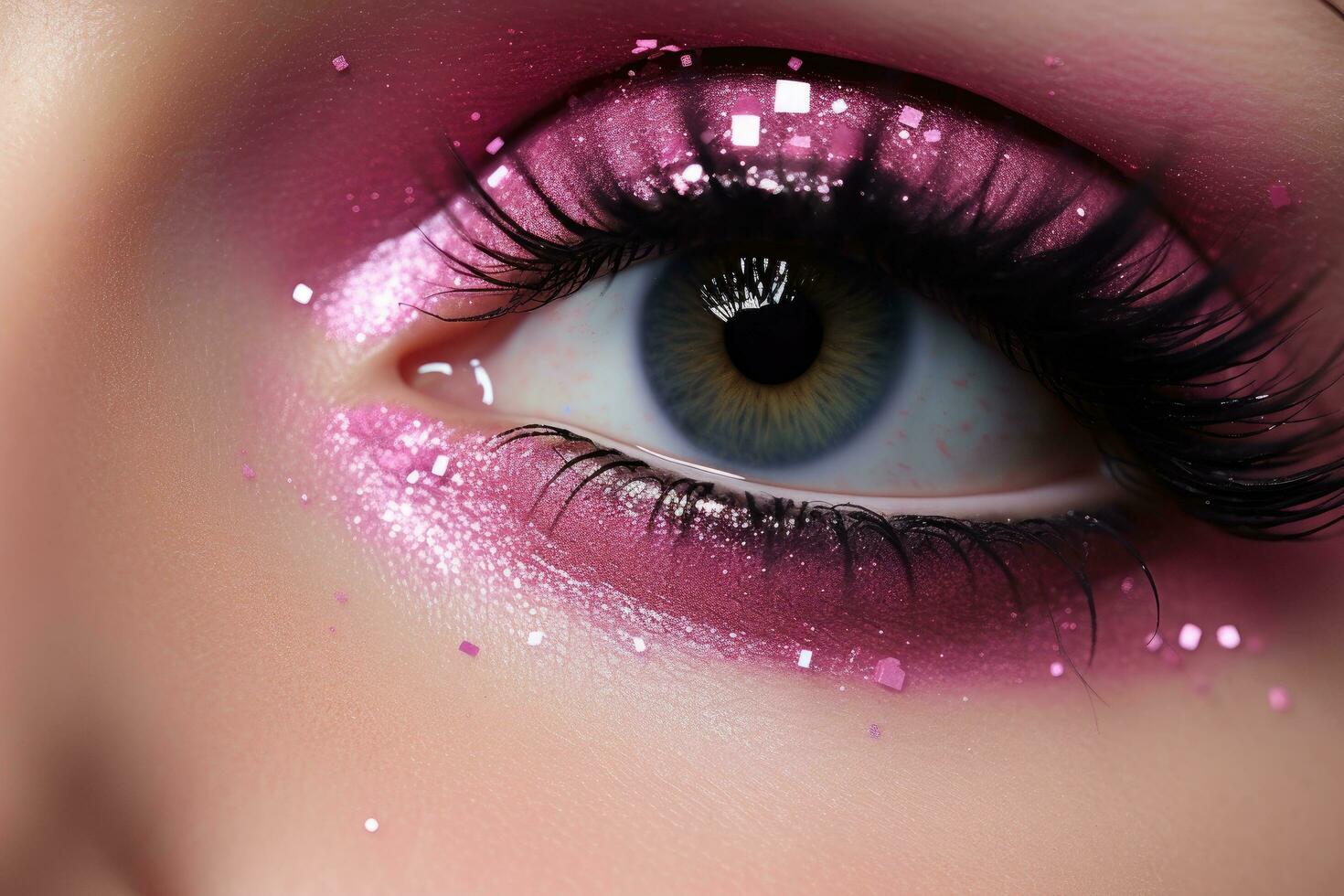 Close up of beautiful woman's eye with pink makeup and sparkles, Pink Glitter With Sparkle, AI Generated photo