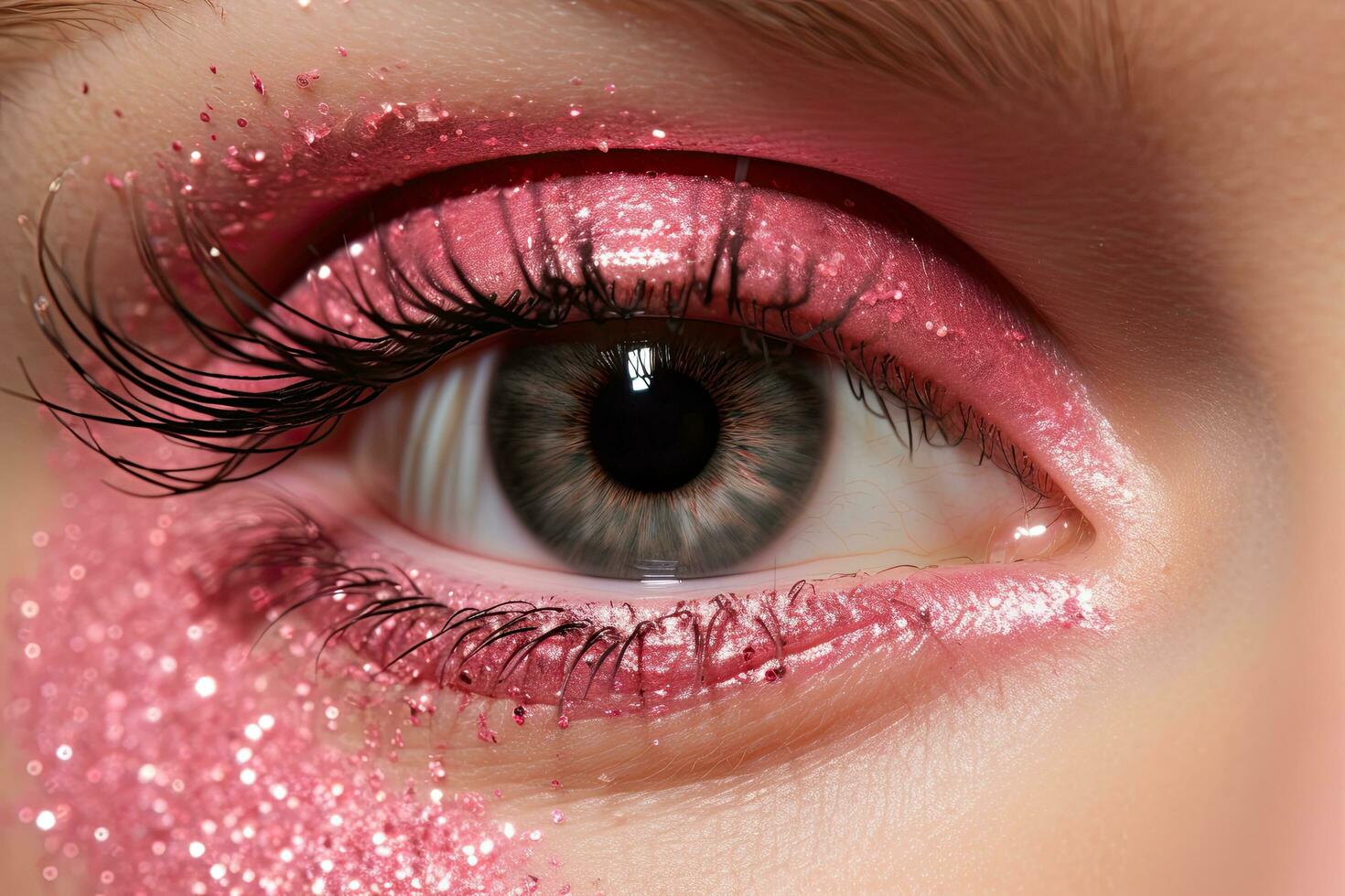 Close up of beautiful woman's eye with pink glitter makeup, Pink Glitter With Sparkle, AI Generated photo