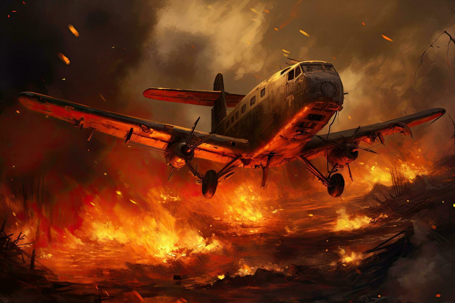 Airplane in the flames of a fire. 3D illustration, The plane crashed to the ground, AI Generated photo