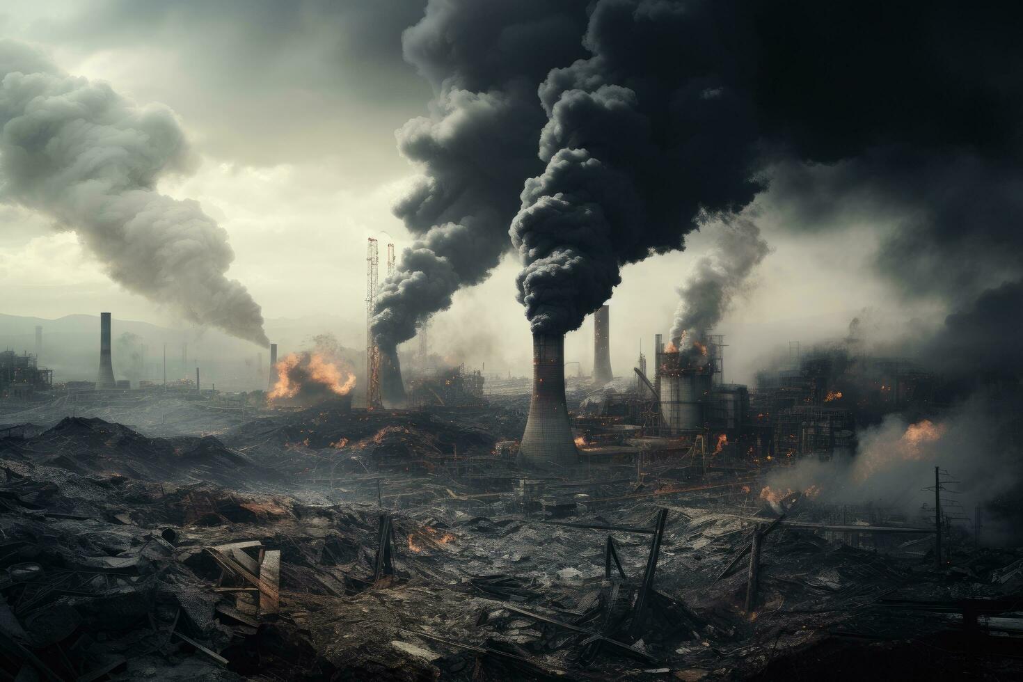 Burning factory with smoke and smog. Conceptual image, pollution of the planet and atmosphere with harmful emissions, AI Generated photo