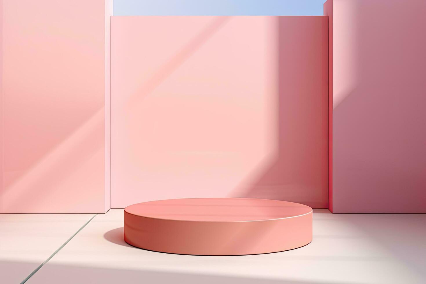 3d render abstract minimal geometric forms. Glossy pink podium for your design, Pink or coral podium mockup. Realistic 3d vector pedestal for cosmetics presentation with, AI Generated photo