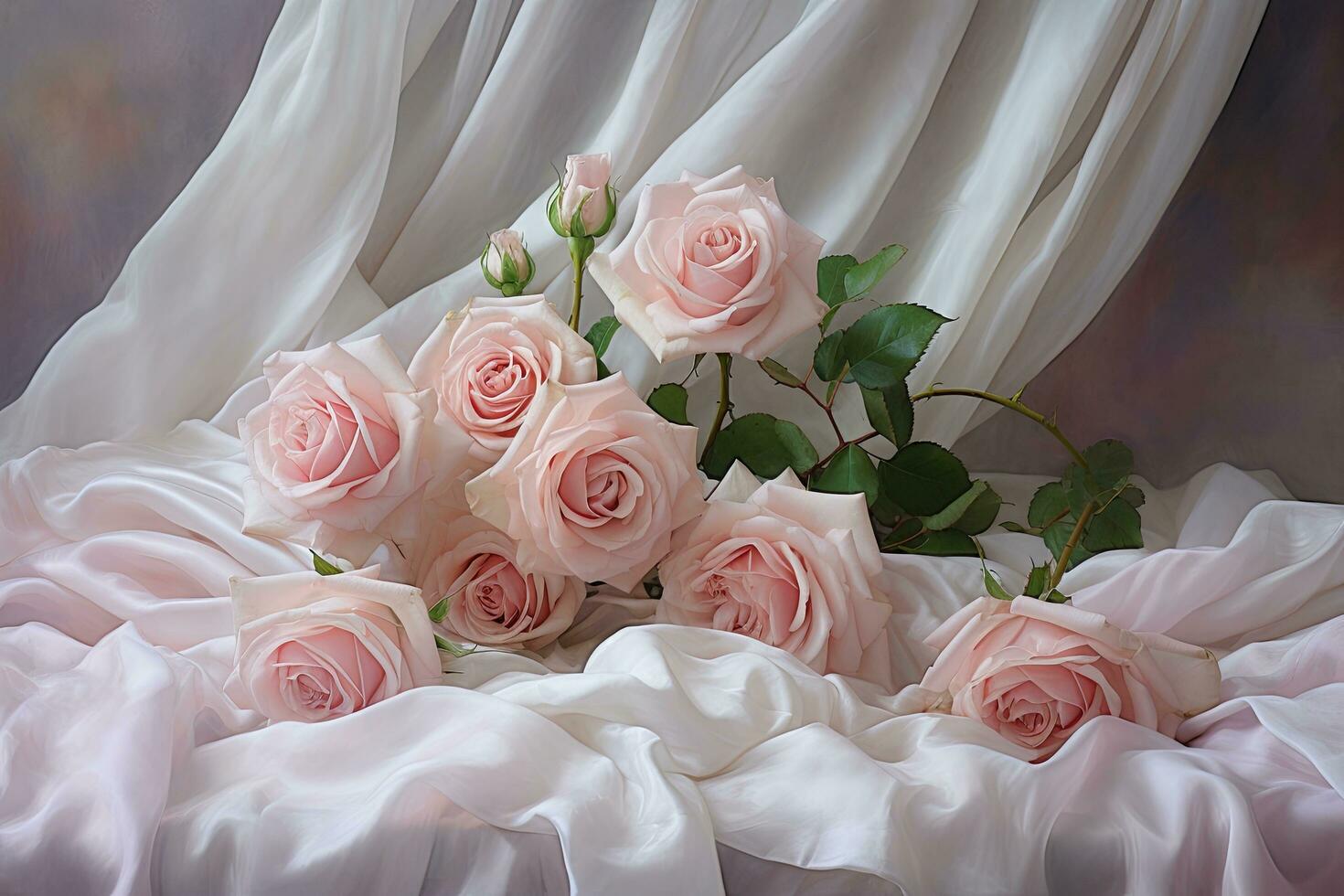 Bouquet of beautiful pink roses on the background of a curtain, pink roses on soft silk, AI Generated photo