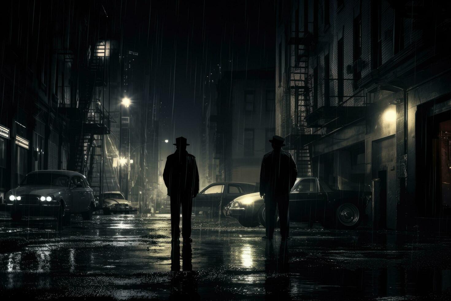 Silhouette of man in raincoat standing in the street at night, policemen standing on the street corner overlooking a crime scene, cops in the big city, noir novel or film style, AI Generated photo