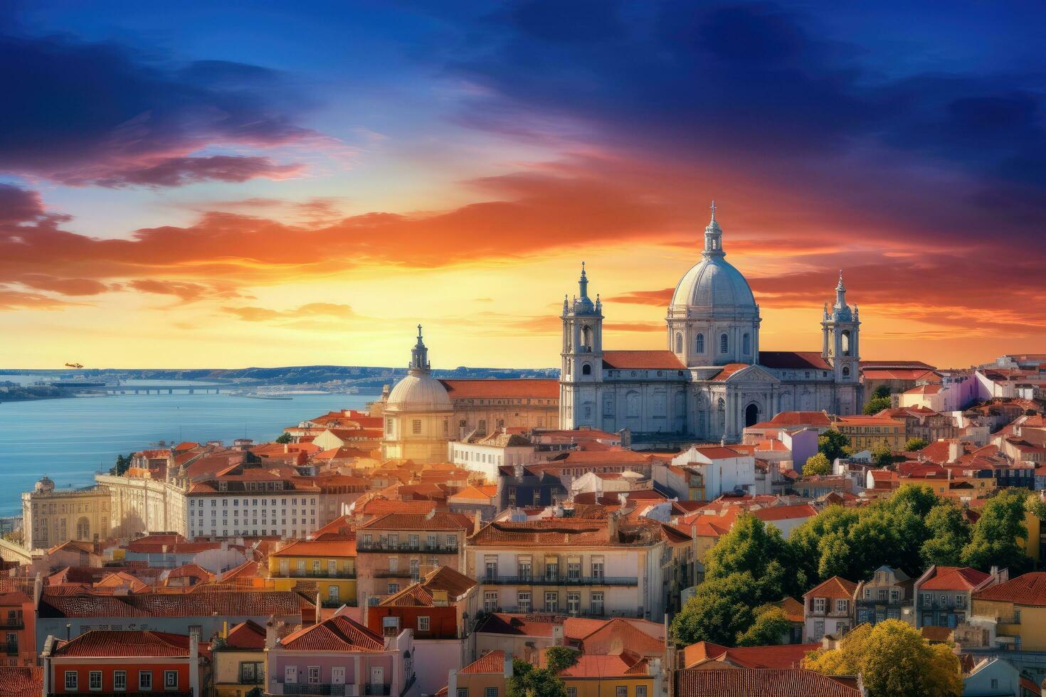 Panoramic view of Lisbon at sunset. Portugal. Europe, panorama of the mountains, AI Generated photo