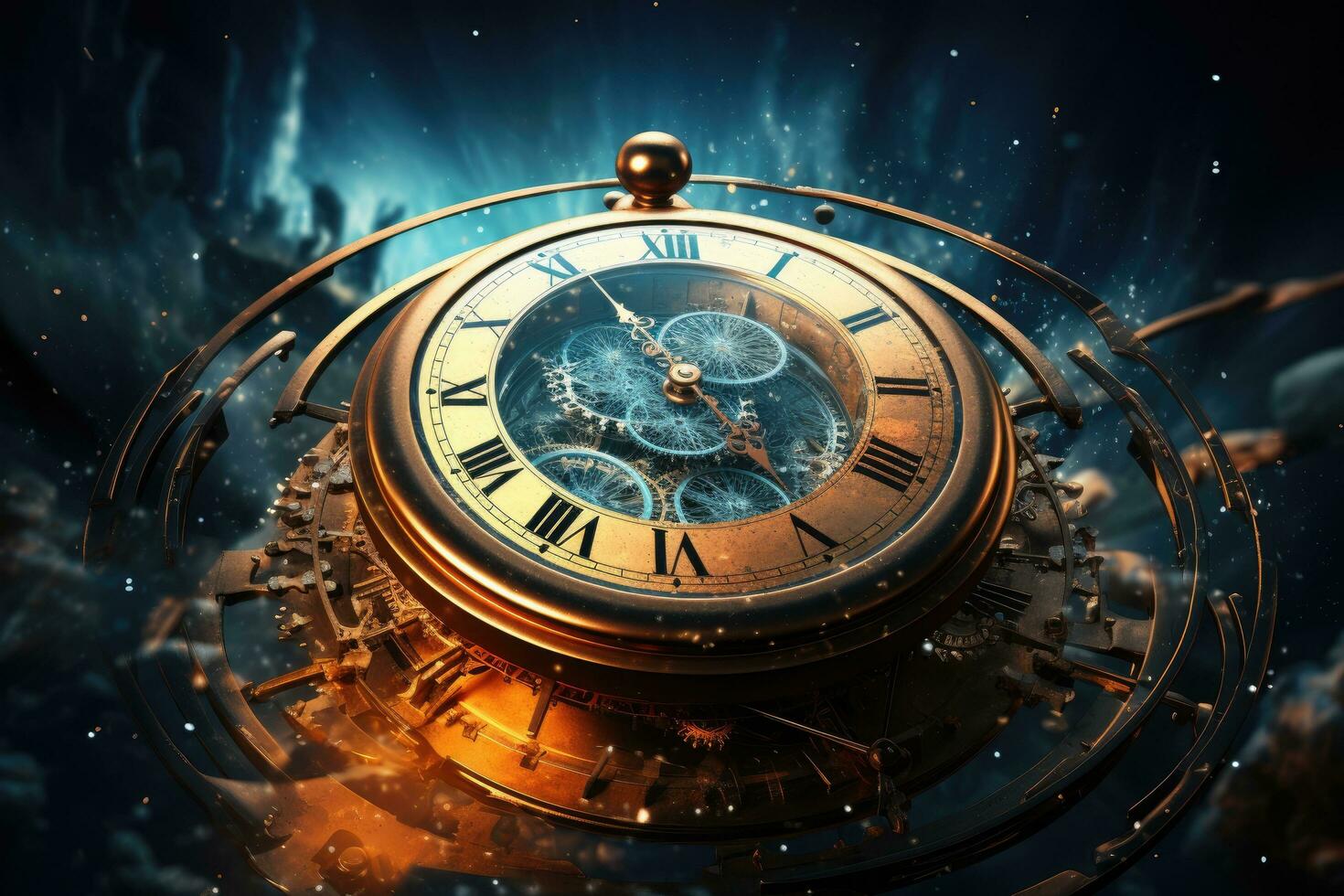 Time concept with vintage clock and space background. 3D Rendering, Passage of time with clock in space, AI Generated photo