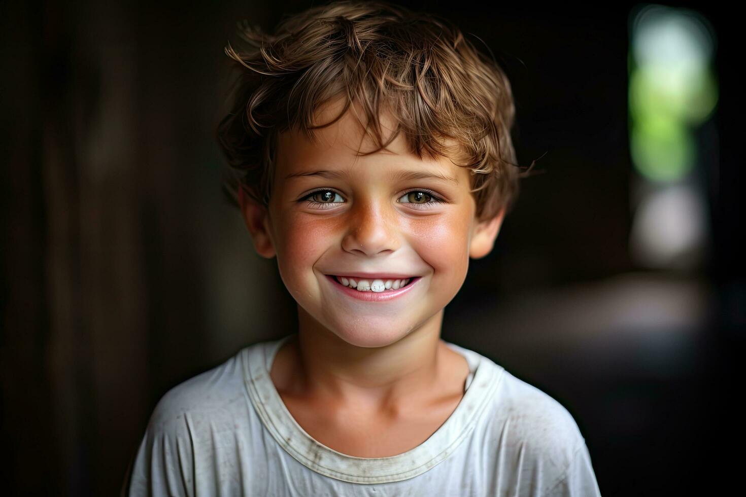 Portrait of a smiling little boy in a room with dark background, perfect kids smile, happy boy with beautiful white milk toothy smile, AI Generated photo