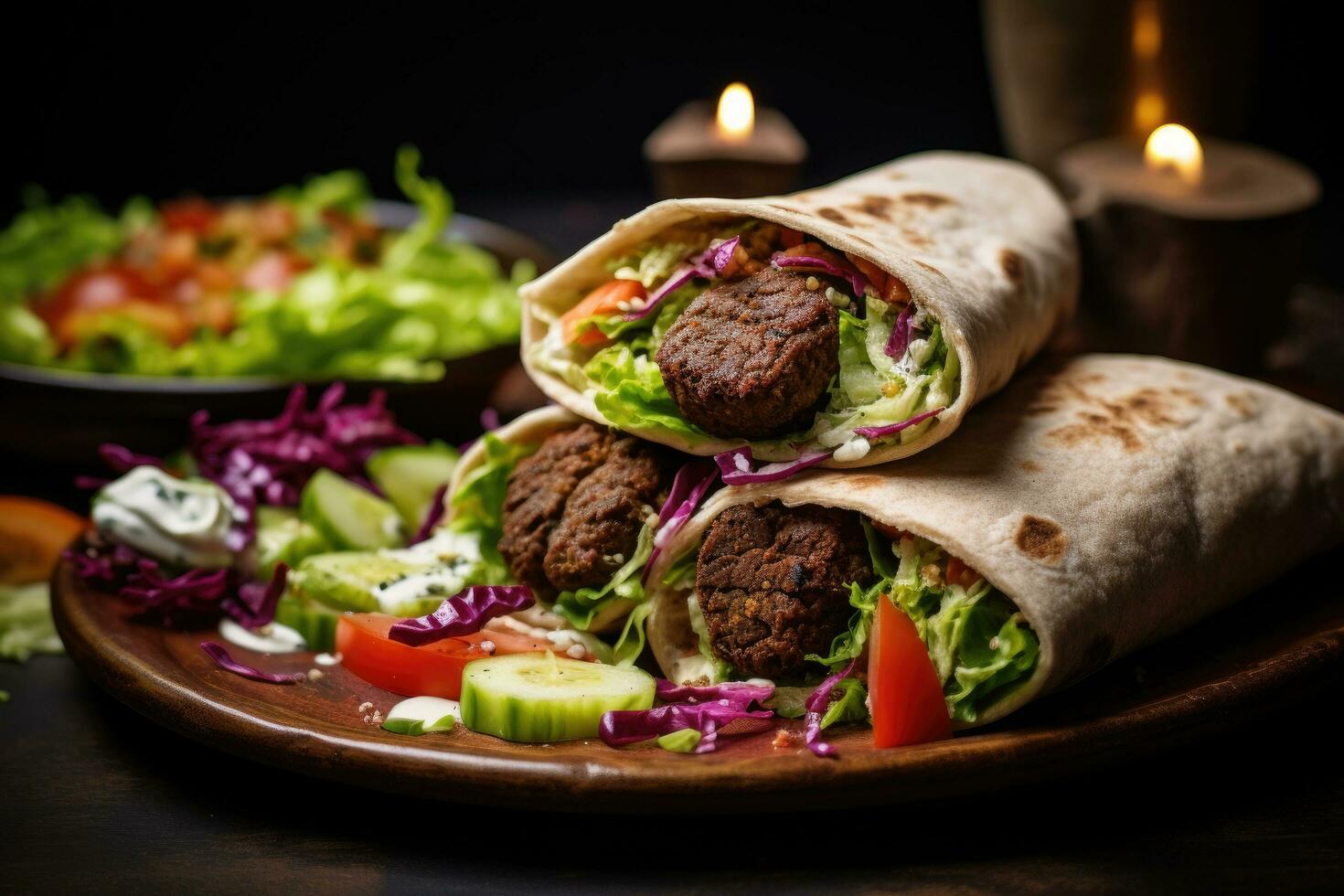 Tortilla wraps with meatballs, vegetables and tzatziki sauce, ortilla wrap with falafel and fresh salad, AI Generated photo
