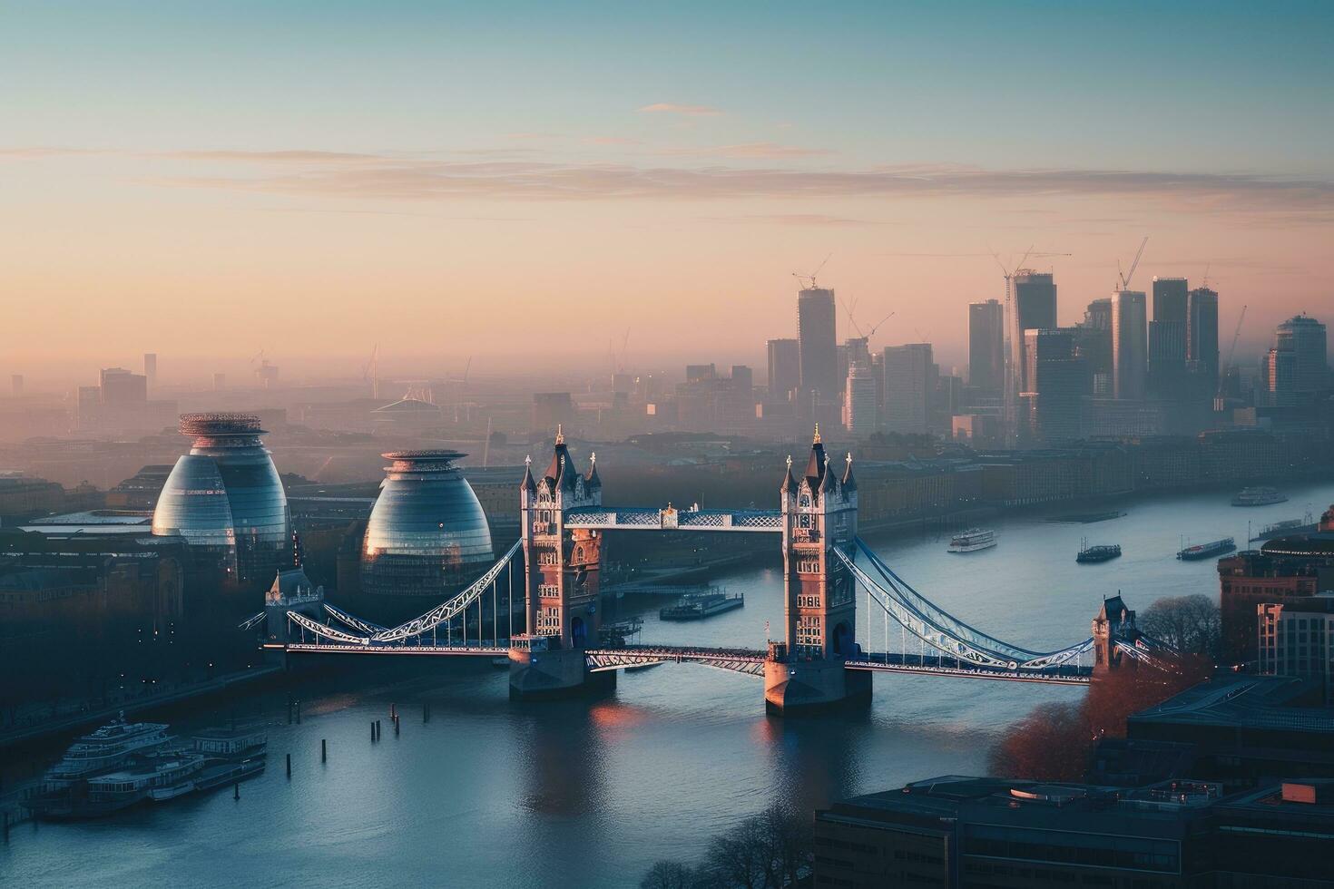 London city skyline at sunset with Tower Bridge and Thames river, UK, Photo of London skyline at sunrise, AI Generated