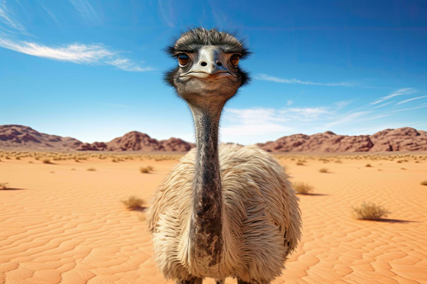 Ostrich in the Sahara desert, Morocco. Safari in Africa, ostrich in the desert HD 8K wallpaper Stock Photographic Image, AI Generated photo
