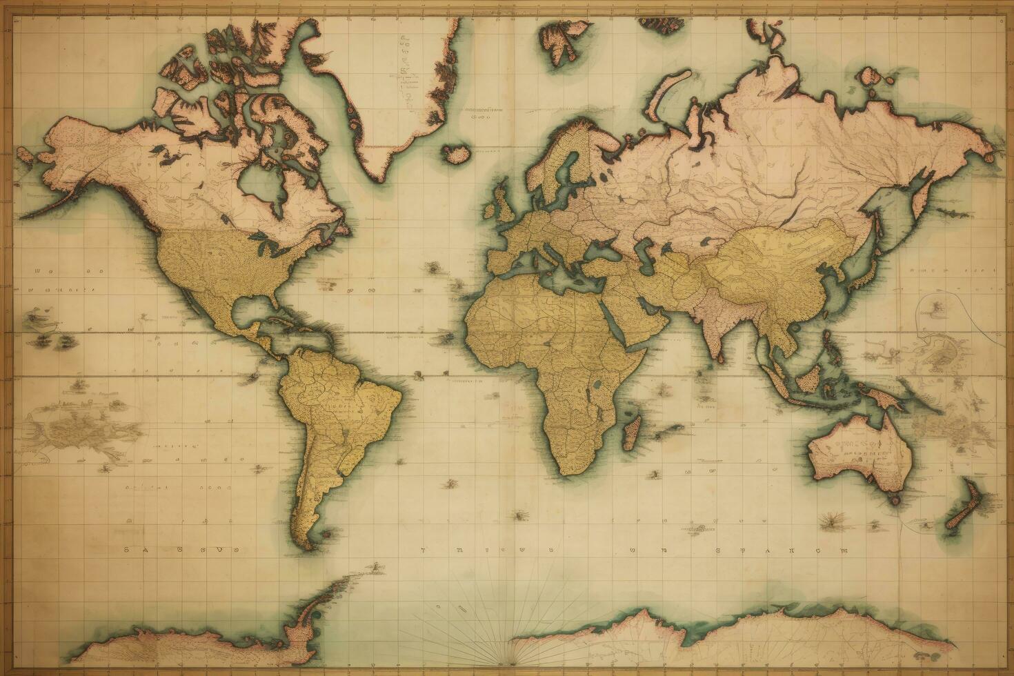 Old map of the world on a grunge paper background. Vintage style, Old Antique World Map on Mercators Projection, AI Generated photo